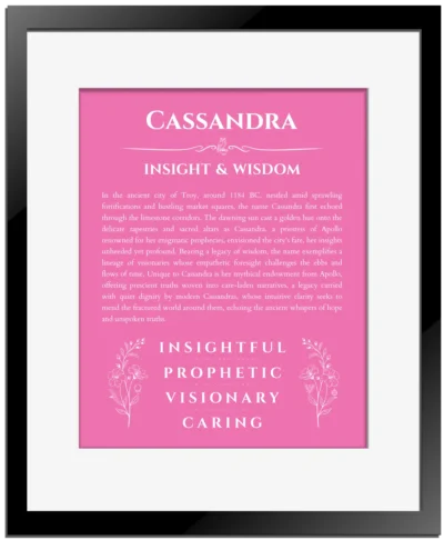 Cassandra personalized name meaning print in pink with black matte frame