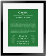 Cassia personalized name print with origin and traits in dark green with black matte frame