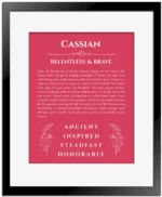Cassian personalized name art with origin story in red with black matte frame