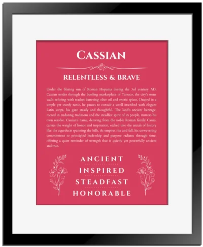Cassian personalized name art with origin story in red with black matte frame