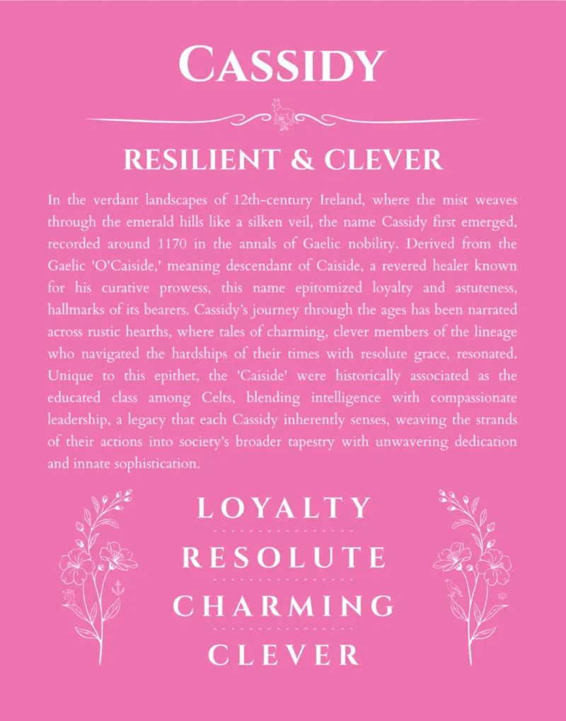 Cassidy personalized name print with origin and traits in pink