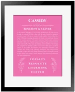 Cassidy personalized name print with origin and traits in pink with black matte frame