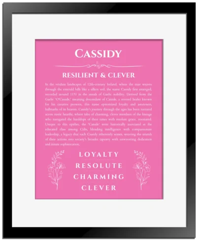 Cassidy personalized name print with origin and traits in pink with black matte frame