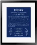 Cassius custom name print for wall display in deep blue with black matte frame