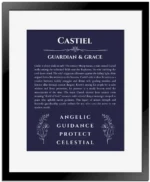 Castiel personalized name print with origin and traits in navy blue with black matte frame