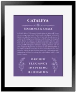 Cataleya personalized name meaning print in purple with black matte frame