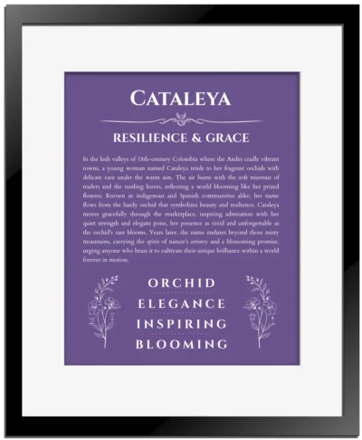 Cataleya personalized name meaning print in purple with black matte frame