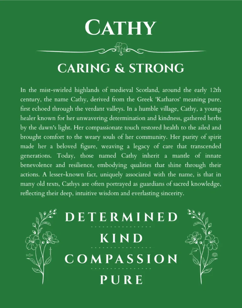 Cathy personalized wall art with the story of your name in dark green