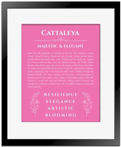 Cattaleya name meaning wall art by Get Your Story in pink with black matte frame