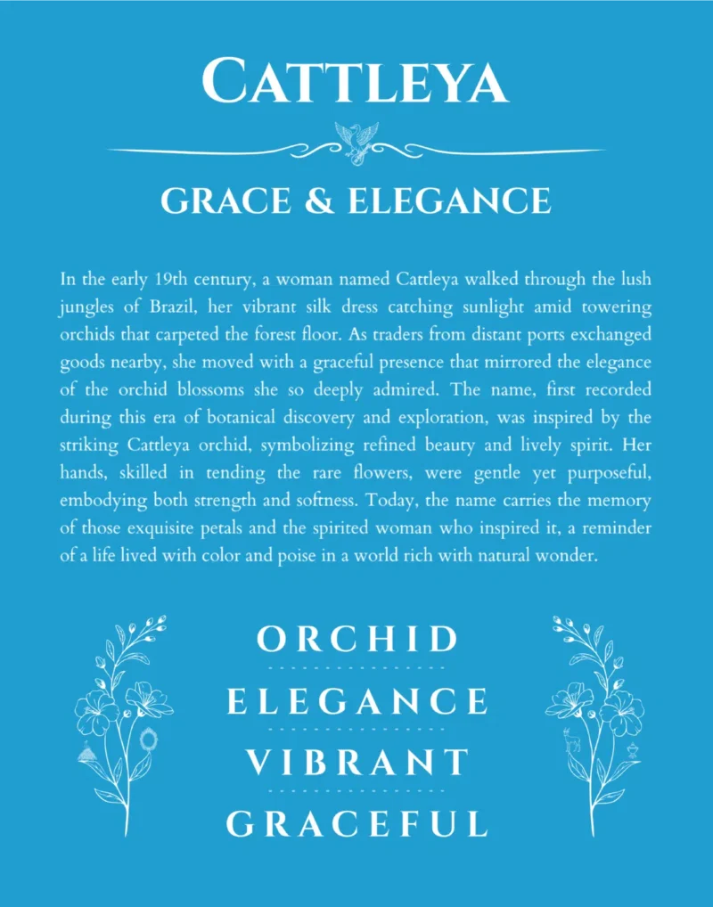 Cattleya personalized name print with origin and traits in blue