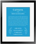 Cattleya personalized name print with origin and traits in blue with black matte frame