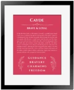 Cayde personalized name art with origin story in red with black matte frame