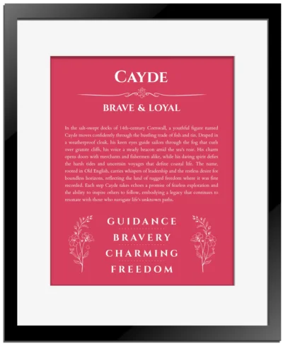 Cayde personalized name art with origin story in red with black matte frame