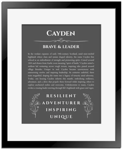 Cayden name meaning gift print in gray with black matte frame