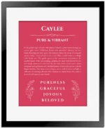 Caylee custom name meaning print in red with black matte frame