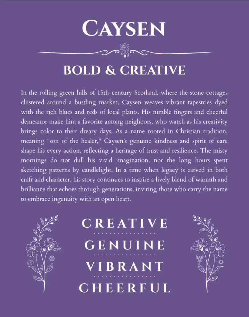 Caysen personalized name print with origin and traits in purple