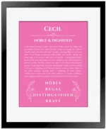 Cecil personalized wall art with the story of your name in pink with black matte frame