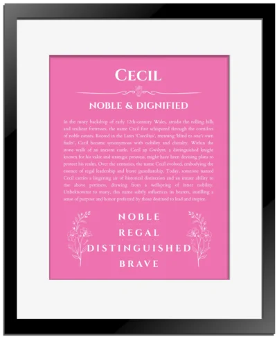 Cecil personalized wall art with the story of your name in pink with black matte frame