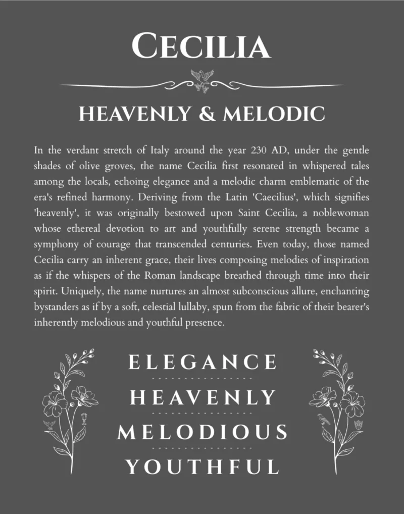 Cecilia personalized name print with origin and traits in gray