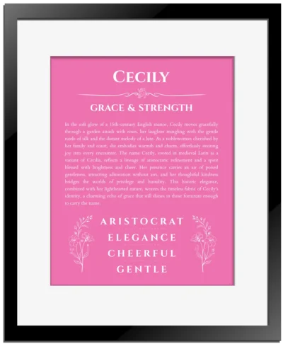 Cecily custom name meaning print in pink with black matte frame