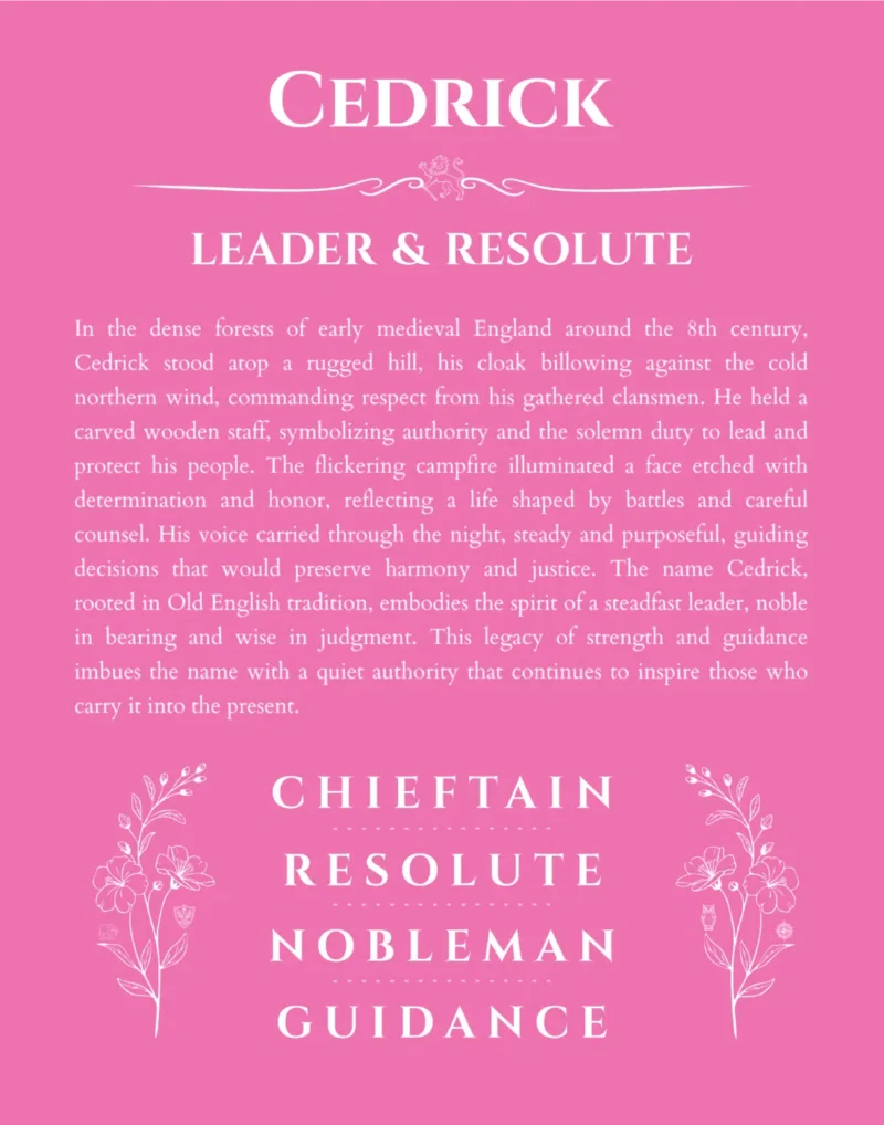 Cedrick personalized name print with origin and traits in pink