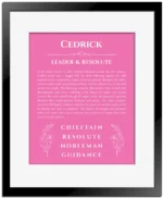 Cedrick personalized name print with origin and traits in pink with black matte frame