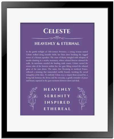 Celeste name meaning gift print in purple with black matte frame