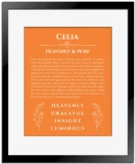 Celia custom name meaning print in orange with black matte frame