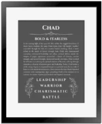 Chad personalized name print with origin and traits in gray with black matte frame