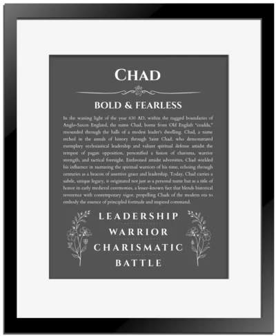 Chad personalized name print with origin and traits in gray with black matte frame
