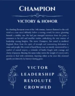 Champion personalized name art with origin story in deep blue