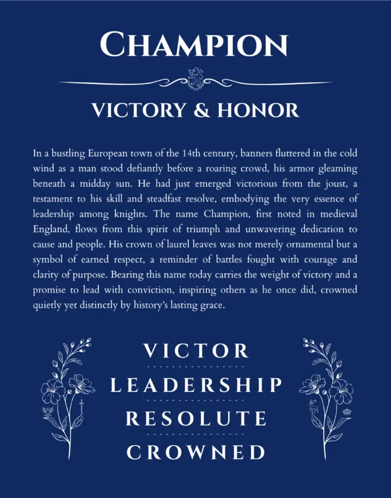 Champion personalized name art with origin story in deep blue