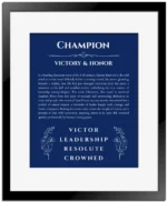 Champion personalized name art with origin story in deep blue with black matte frame
