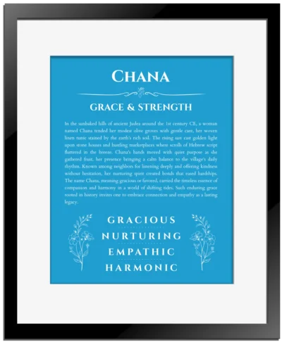 Chana name origin print with meaning and traits in blue with black matte frame