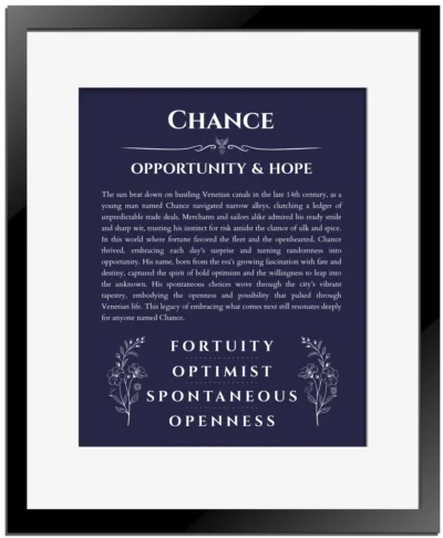 Chance name meaning wall art by Get Your Story in navy blue with black matte frame