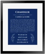 Chandler personalized name print with origin and traits in deep blue with black matte frame