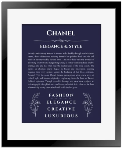 Chanel name origin print with meaning and traits in navy blue with black matte frame
