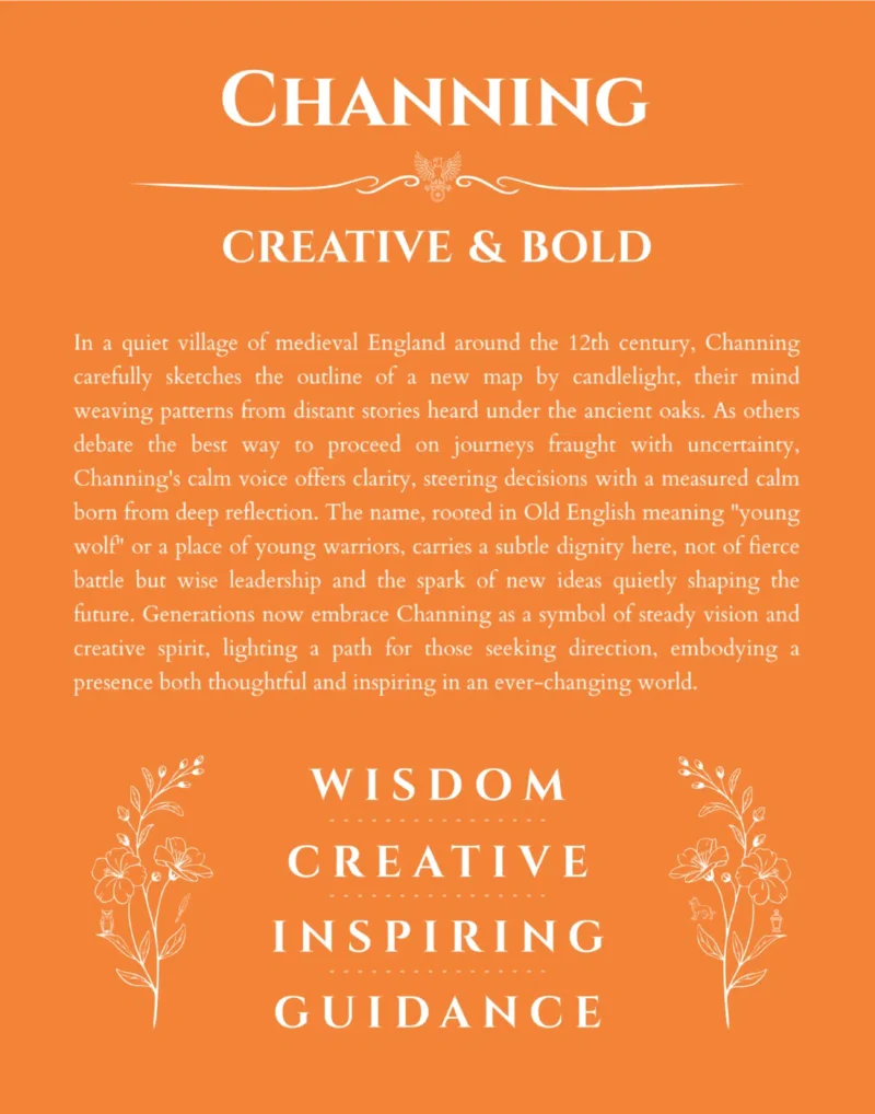 Channing name origin print with meaning and traits in orange