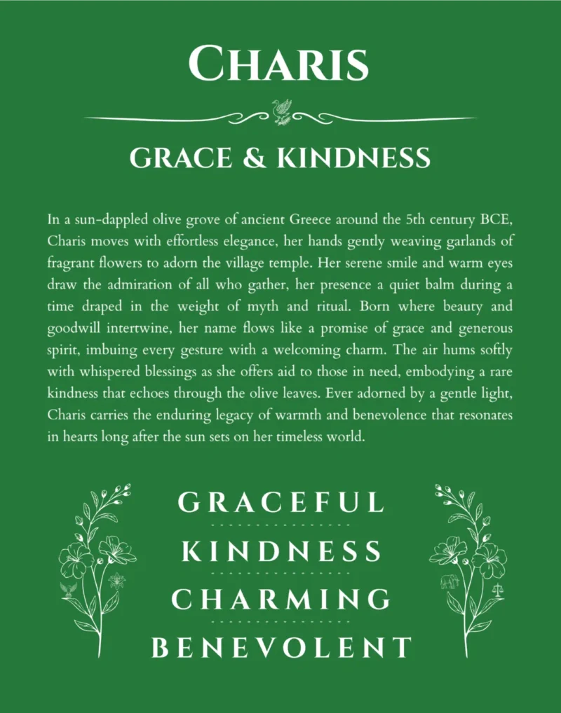 Charis personalized name art with origin story in dark green