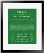 Charis personalized name art with origin story in dark green with black matte frame