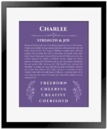 Charlee personalized name meaning print in purple with black matte frame