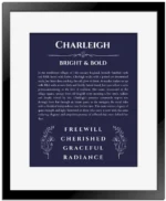 Charleigh personalized name meaning print in navy blue with black matte frame
