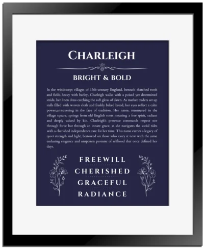 Charleigh personalized name meaning print in navy blue with black matte frame