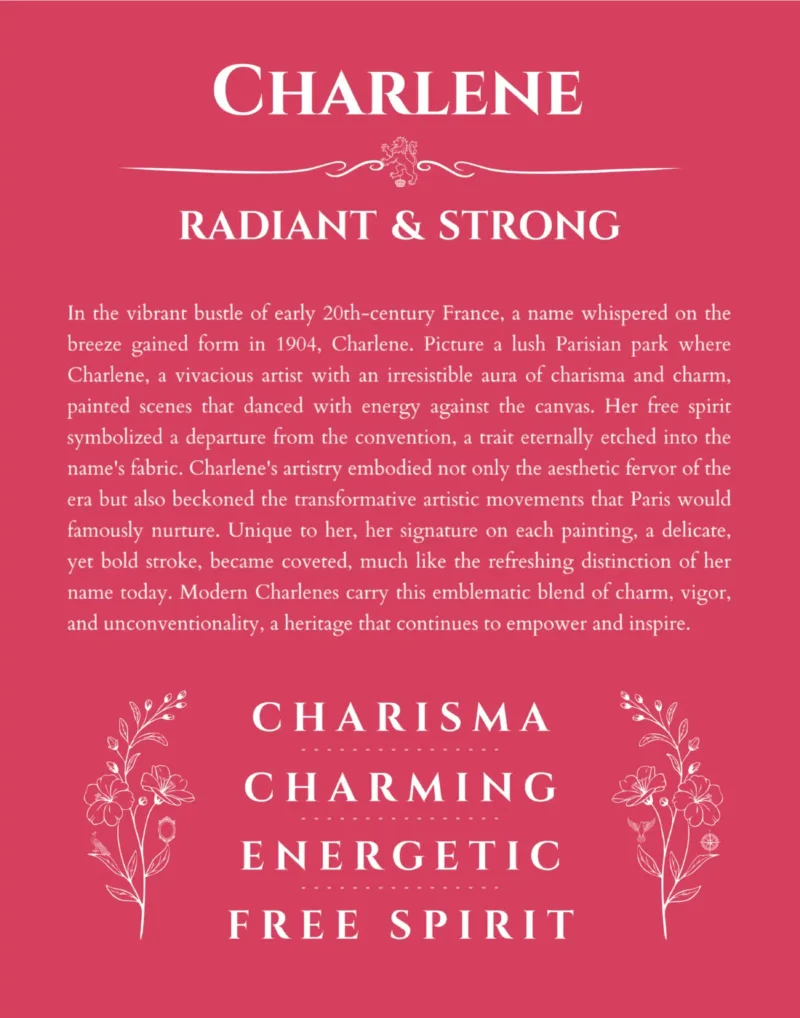 Charlene personalized name art with origin story in red