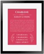 Charlene personalized name art with origin story in red with black matte frame