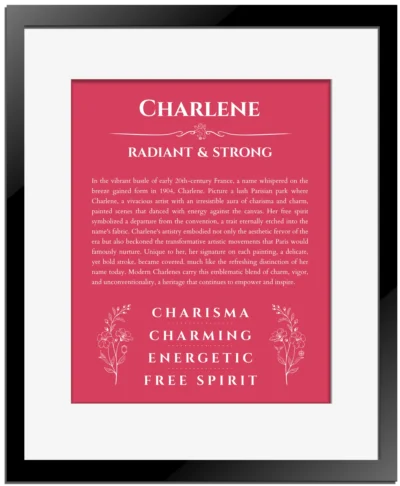 Charlene personalized name art with origin story in red with black matte frame