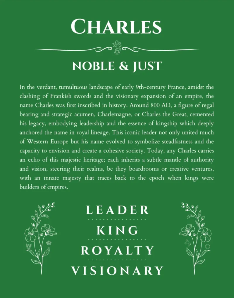 Charles name origin print with meaning and traits in dark green