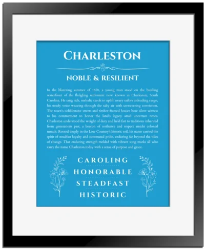 Charleston name meaning gift print in blue with black matte frame