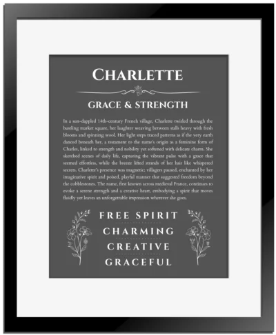 Charlette custom name print for wall display in gray with black matte frame