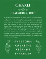 Charli name origin print with meaning and traits in dark green